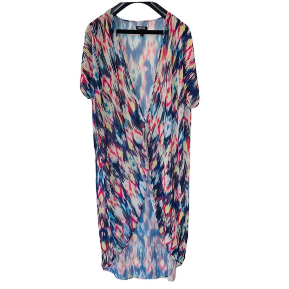 Torrid Size 0/1 L/XL Duster Open Front Cardigan Colorful Sheer Ikat Chiffon - Picture 1 of 5